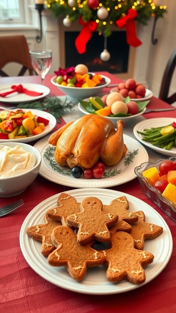 Kid-Friendly Christmas Dinner Menu A kid-friendly Christmas dinner with roasted chicken, mashed potatoes, vegetables, fruit salad, and gingerbread cookies on a festive table.